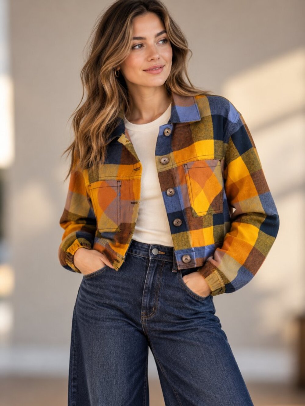 Cropped Plaid Jacket Fleece Bluenotes Fall Shacket Layering Blue Women's Small